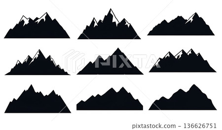 Black Solid Sunrise Mountain Silhouettes Set of Six on White Background Black Solid Sunrise Mountain Silhouettes Set of Six on White Background 136626751