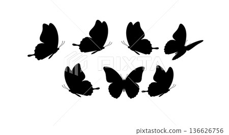Black Solid Synchronized Flight Butterfly Silhouettes Set of Six on White Background 136626756