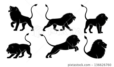 Black Solid Tail Raised Lion Silhouettes Set of Six on White Background Black Solid Tail Raised Lion Silhouettes Set of Six on White Background 136626760