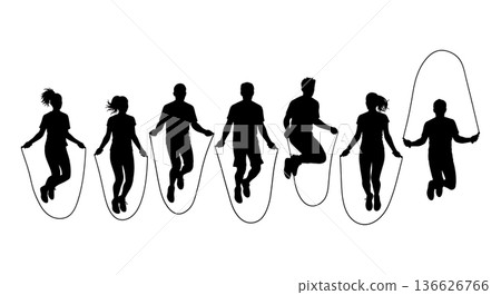 Black Solid Team Based Challenge Jump Rope Silhouettes Set of Six on White Background Black Solid Team Based Challenge Jump Rope Silhouettes Set of Six on White Background 136626766
