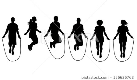 Black Solid Team Jump Rope Silhouettes Set of Six on White Background 136626768
