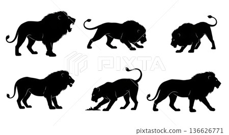Black Solid Territorial Challenge Lion Silhouettes Set of Six on White Background Black Solid Territorial Challenge Lion Silhouettes Set of Six on White Background 136626771