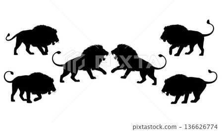 Black Solid Territorial Dispute Lion Silhouettes Set of Six on White Background Black Solid Territorial Dispute Lion Silhouettes Set of Six on White Background 136626774