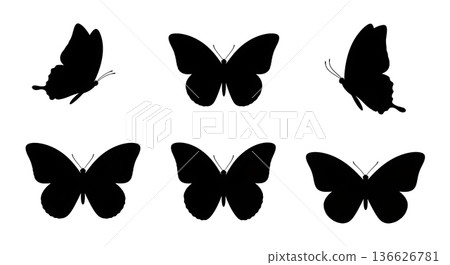Black Solid Tiny Butterfly Silhouettes Set of Six on White Background 136626781