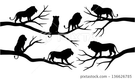 Black Solid Tree Branch Lion Silhouettes Set of Six on White Background Black Solid Tree Branch Lion Silhouettes Set of Six on White Background 136626785