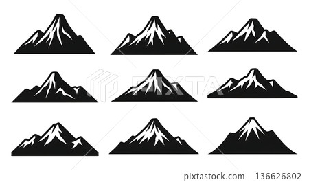 Black Solid Volcanic Peak Mountain Silhouettes Set of Six on White Background 136626802