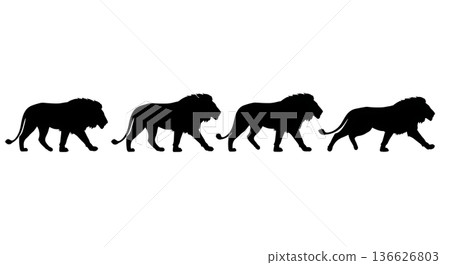 Black Solid Walking Lion Silhouettes Set of Six on White Background 136626803