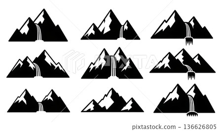 Black Solid Waterfall Mountain Silhouettes Set of Six on White Background 136626805