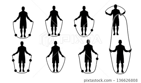 Black Solid Weighted Jump Rope Users Silhouettes Set of Six on White Background 136626808