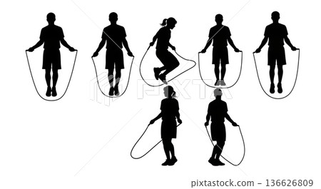 Black Solid Weight Loss Jump Rope Silhouettes Set of Six on White Background Black Solid Weight Loss Jump Rope Silhouettes Set of Six on White Background 136626809
