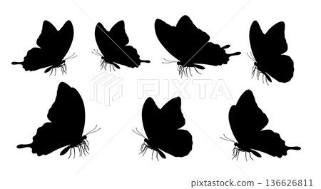 Black Solid Wind-Defying Butterfly Silhouettes Set of Six on White Background Black Solid Wind-Defying Butterfly Silhouettes Set of Six on White Background 136626811