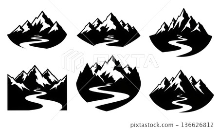 Black Solid Winding River Mountain Silhouettes Set of Six on White Background Black Solid Winding River Mountain Silhouettes Set of Six on White Background 136626812