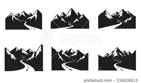 Black Solid Winding Road Distance Mountain Silhouettes Set of Six on White Background Black Solid Winding Road Distance Mountain Silhouettes Set of Six on White Background 136626813
