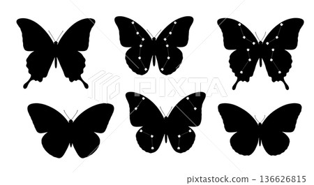 Black Solid Wing Articulation Butterfly Silhouettes Set of Six on White Background Black Solid Wing Articulation Butterfly Silhouettes Set of Six on White Background 136626815