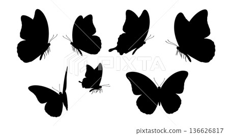 Black Solid Wing Hinge Butterfly Silhouettes Set of Six on White Background 136626817