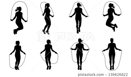 Black Solid Woman Jump Rope Fitness Silhouettes Set of Six on White Background Black Solid Woman Jump Rope Fitness Silhouettes Set of Six on White Background 136626822