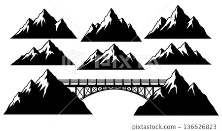 Black Solid Wooden Bridge Mountain Silhouettes Set of Six on White Background Black Solid Wooden Bridge Mountain Silhouettes Set of Six on White Background 136626823