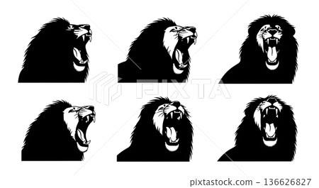 Black Solid Yawning Lion Silhouettes Set of Six on White Background Black Solid Yawning Lion Silhouettes Set of Six on White Background 136626827