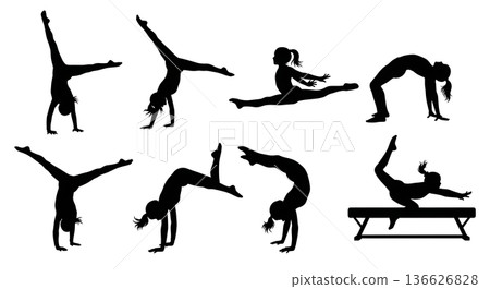 Black Solid Young Gymnast Training Silhouettes Set of Six on White Background Black Solid Young Gymnast Training Silhouettes Set of Six on White Background 136626828
