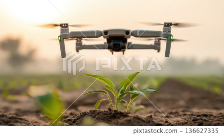 Monitoring young crop seedlings using agricultural drones at dawn, precision farming technologies, smart agriculture 136627335