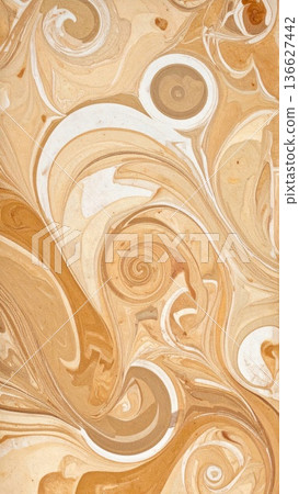 Abstract Swirling Brown and Beige Marbleized Paper Texture with Fluid Ink Pattern 136627442
