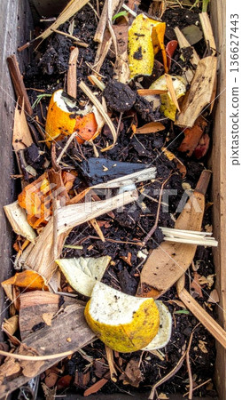 Wooden Box Filled with Organic Food Waste Decomposition and Recycling Material 136627443