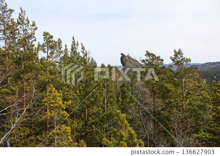 Mountain landscape with coniferous forest and rock formation. Natural beauty and wilderness scenery for travel brochure. Clear sky over nature. Mountain landscape with coniferous forest and rock formation. Natural beauty and wilderness scenery for travel brochure. Clear sky over nature. 136627903