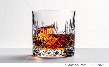 Crystal Cut Glass of Amber Liquor with Ice Cubes on White Surface and Background 136628268