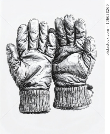 Detailed Illustration of Warm Winter Gloves with Ribbed Knit Cuffs on White Background 136628269