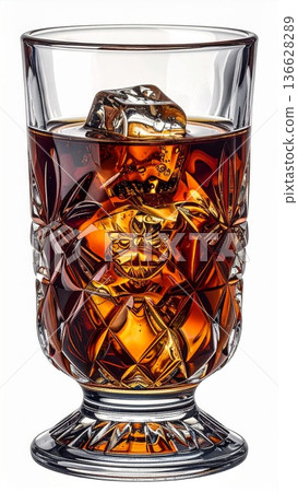 Crystal Cut Glass Filled with Amber Liquid and Ice Cube on White Background 136628289