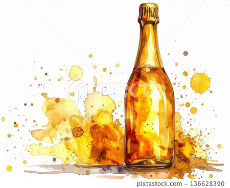 Golden Bottle Watercolor Illustration with Splatters on White Background Festive Still Life Sparkling Golden Bottle Watercolor Illustration with Splatters on White Background Festive Still Life Sparkling 136628390
