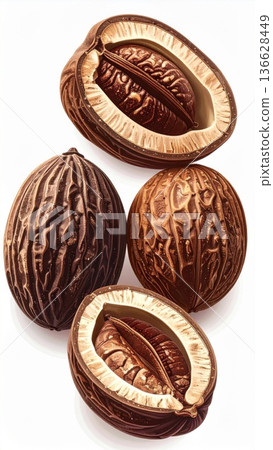 Artistic Close Up of Whole and Halved Tropical Nutmeg Seeds 136628449