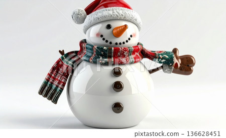 Adorable Snowman with Red Santa Hat and Cheerful Scarf on White Background 136628451