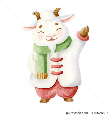 Watercolor goat in winter clothes isolated illustration in traditional Christmas colors. Funny smiling animals character for Happy New Year greeting clip art. Chinese zodiac calendar symbol of 2027 136628603