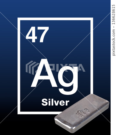 Cast silver bar and element silver from the periodic table of the elements, with the Latin name Argentum, symbol Ag, atomic number 47, and a 1kg bullion bar, of about 32 troy ounces of pure metal. Cast silver bar and element silver from the periodic table of the elements, with the Latin name Argentum, symbol Ag, atomic number 47, and a 1kg bullion bar, of about 32 troy ounces of pure metal. 136628615