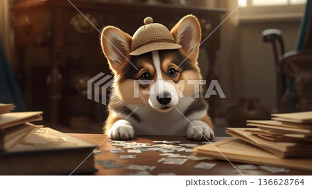 一隻戴著帽子的小柯基犬在室內 136628764