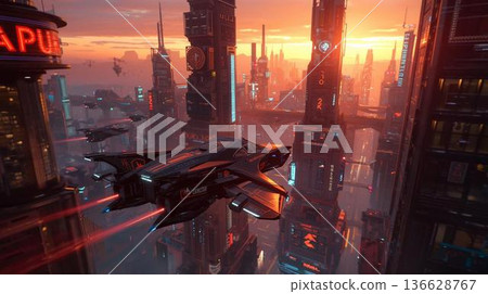 A futuristic city at dusk with airplanes flying around A futuristic city at dusk with airplanes flying around 136628767