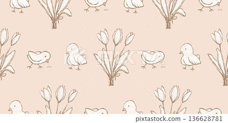 Whimsical vintage Easter seamless pattern with chicks, tulips, and botanical elements. 136628781
