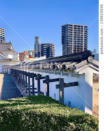 城堡的瓷磚牆壁和城市建築在藍天的映襯下格外醒目(岡崎城公園,愛知縣岡崎市) 城堡的瓷磚牆壁和城市建築在藍天的映襯下格外醒目(岡崎城公園,愛知縣岡崎市) 136628836