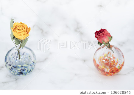 Two pairs of dried roses in a glass vase (left and right) 136628845