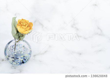 Yellow dried roses in a cool-toned glass vase (left) Yellow dried roses in a cool-toned glass vase (left) 136628848