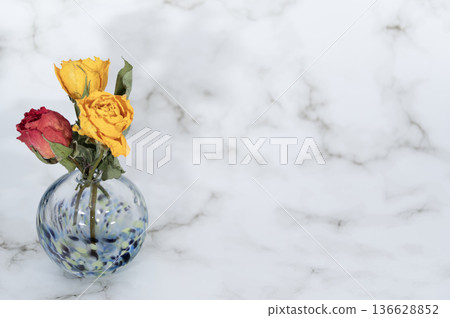 Yellow and red dried roses in a cool-toned glass vase (left) 136628852