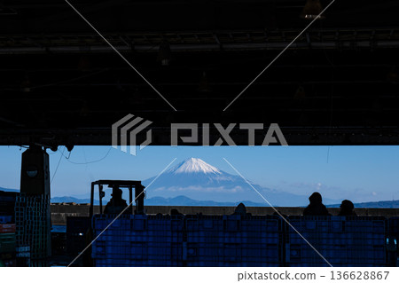 Mount Fuji in winter as seen between the silhouette of Ogawa Fishing Port in Yaizu City, Shizuoka Prefecture, and the buildings 136628867