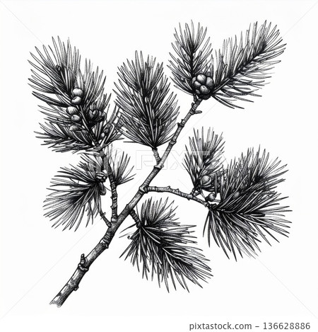 Monochrome Pine Branch with Needles and Cones Detailed Botanical Illustration 136628886