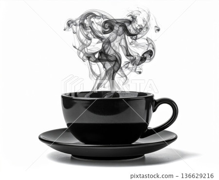 Elegant Black Coffee Cup with Rising Plumes of Vapor on White Backdrop Elegant Black Coffee Cup with Rising Plumes of Vapor on White Backdrop 136629216