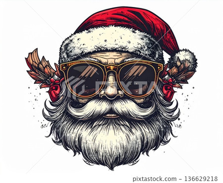 Santa Claus with Sunglasses Red Hat and Reindeer Antlers Festive Celebration on a White Background Detailed 136629218
