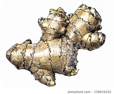 Close Up Illustration of an Organic Ginger Root Isolated on White Background 136629282