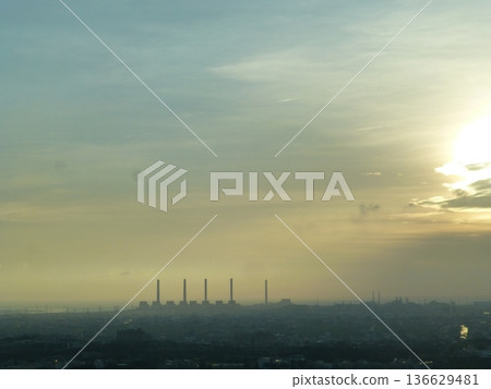 Taichung, Taiwan - 08. Taichung, Taiwan - 08.07.07.2017: A distant view of the Taichung Power Plant on the Qingping Plain along the Taichung coastline at dusk. 136629481