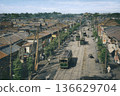Old photo of Yasukuni Street in Jimbocho, Tokyo, 1918-1933 (black and white photo colorized using AI) 136629704