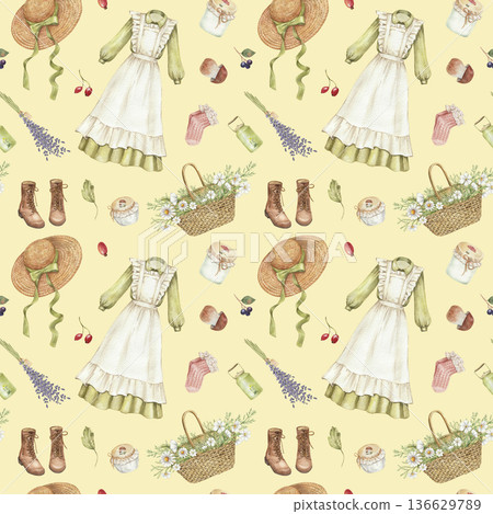 Seamless vintage pattern with rustic cottage decor. Cottagecore pattern with wild flowers Seamless vintage pattern with rustic cottage decor. Cottagecore pattern with wild flowers 136629789